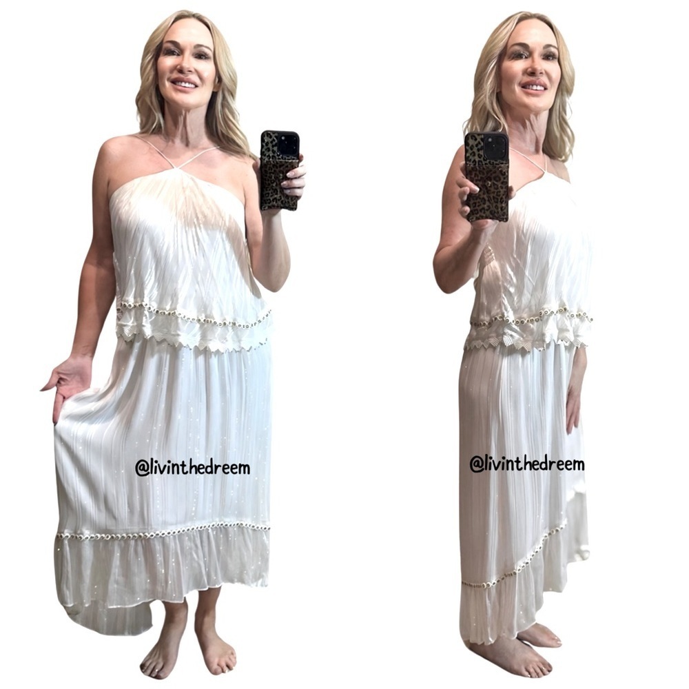 Ramy Brook Ivory Linden Tiered Ruffle Gold Metallic Thread Dress SZ S $425 NWT